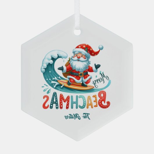 Vrolijk Beachmas Santa Surfen Retro Design Glas Ornament (Achterkant)