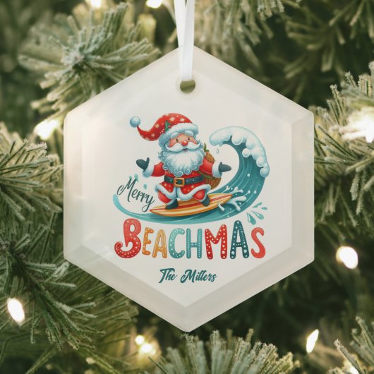 Vrolijk Beachmas Santa Surfen Retro Design Glas Ornament (Insitu)
