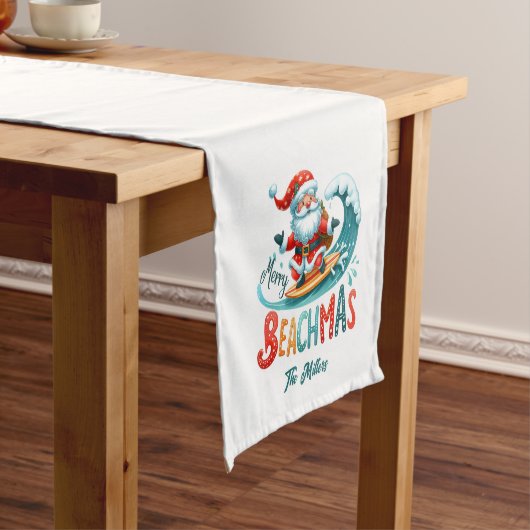 Vrolijk Beachmas Santa Surfen Retro Design Korte Tafelloper (Voorbeeld)