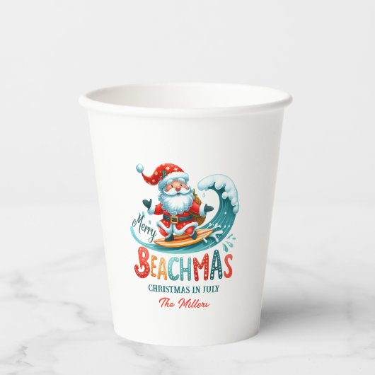 Vrolijk Beachmas Santa Surfen Retro Design Papieren Bekers (Voorkant)