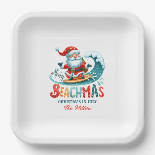 Vrolijk Beachmas Santa Surfen Retro Design Papieren Bordje (Voorkant)
