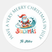 Vrolijk Beachmas Santa Surfen Retro Design Ronde Sticker (Voorkant)