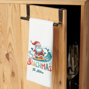 Vrolijk Beachmas Santa Surfen Retro Design Theedoek