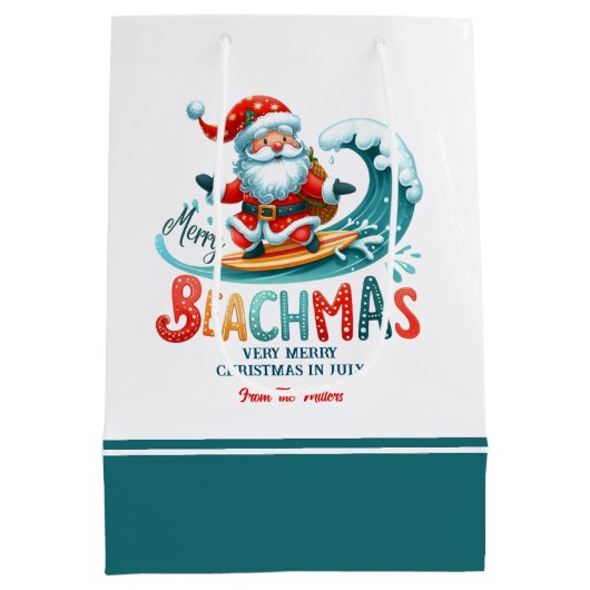 Vrolijk Beachmas Santa Surfen Retro Ontwerp Twee Medium Cadeauzakje (Achterkant)