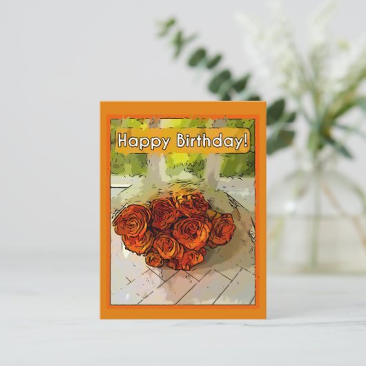 Vrolijk Birthday! Abstracte Oranje en gele rozen Briefkaart (Staand voorkant)