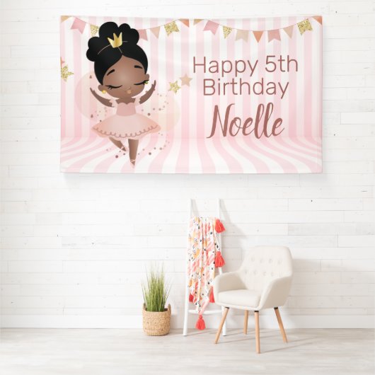 Vrolijk Birthday! Black Princess Ballerina, Stripe Spandoek (Insitu)