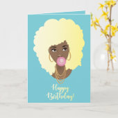 Vrolijk Birthday! Black Woman, Blonde Afro Bubbleg Kaart (Gele Bloem)