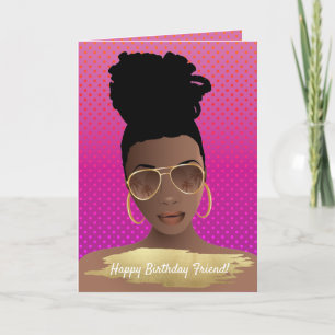 Vrolijk Birthday! Black Woman met Gold Shades Pink Kaart