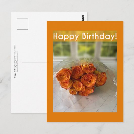 Vrolijk Birthday! Briefkaart van Oranje en gele ro (Voorkant / Achterkant)