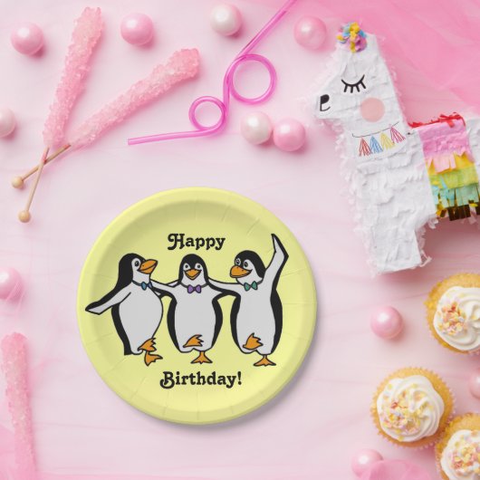 Vrolijk Birthday! Fun Dansende Penguins Papieren Bordje (Feest)