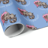 Vrolijk Birthday! Greedy Cake Eater Cartoon Raccoo Cadeaupapier (Rol Hoek)