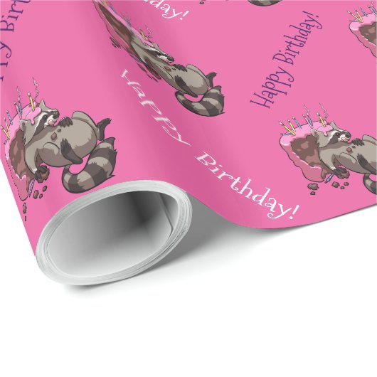 Vrolijk Birthday! Greedy Raccoon Cake Cartoon Cadeaupapier (Rol Hoek)