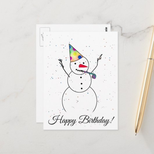 Vrolijk Birthday! Snowman Briefkaart (Voorkant / Achterkant in situ)