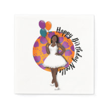 Vrolijk Birthday! Zwarte vrouw, ballonnen en bloem