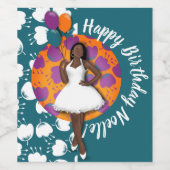 Vrolijk Birthday! Zwarte vrouw, ballonnen en bloem Wijn Etiket (Enkel label)