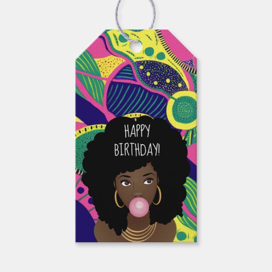 Vrolijk Birthday! Zwarte Vrouw, Bubblegum, kleurri Cadeaulabel (Voorkant)