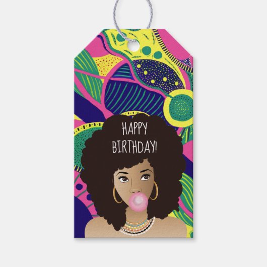 Vrolijk Birthday! Zwarte Vrouw, Bubblegum, kleurri Cadeaulabel (Voorkant)