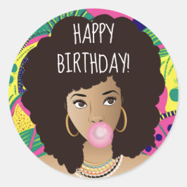 Vrolijk Birthday! Zwarte Vrouw, Bubblegum, kleurri Ronde Sticker