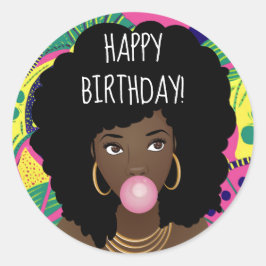 Vrolijk Birthday! Zwarte Vrouw, Bubblegum, kleurri Ronde Sticker