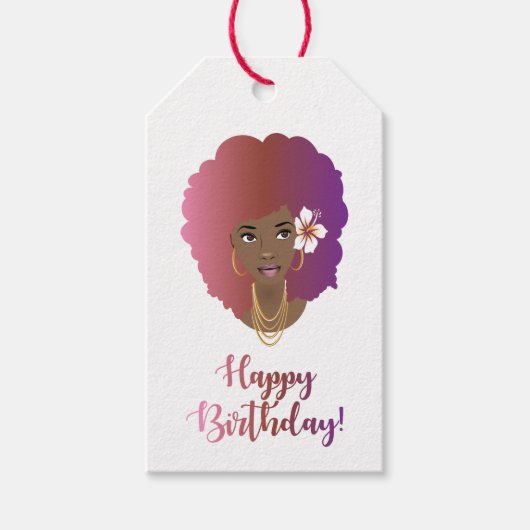Vrolijk Birthday! Zwarte Vrouw, kleurrijke Afro, v Cadeaulabel (Voorkant)