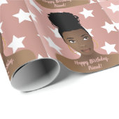 Vrolijk Birthday! Zwarte vrouw, witte sterren, roz Cadeaupapier (Rol Hoek)