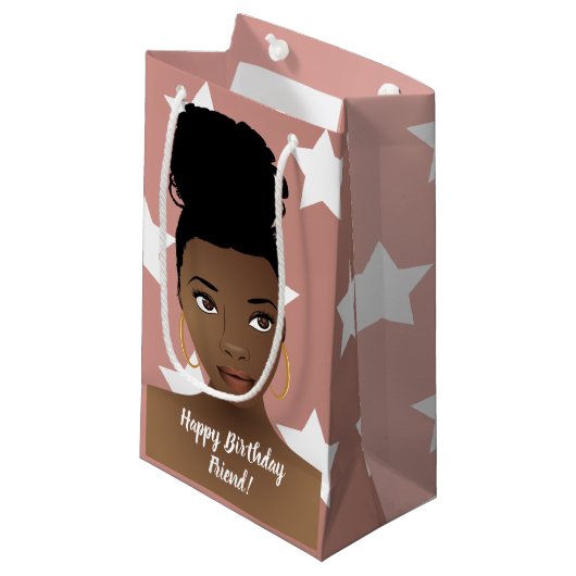 Vrolijk Birthday! Zwarte vrouw, witte sterren, roz Klein Cadeauzakje (Voorkant Gekanteld)