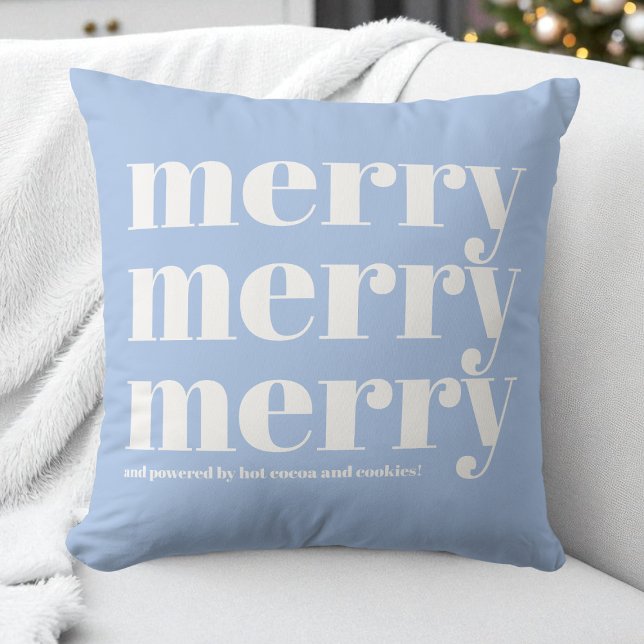 Vrolijk Blauw Wit Typografie Leuke Kerstvakantie Kussen (Merry Blue White Typography Fun Christmas Holiday Throw Pillow)