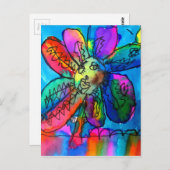 Vrolijk bloemige kind roze en blauwe pen en inkt briefkaart (Voorkant / Achterkant)