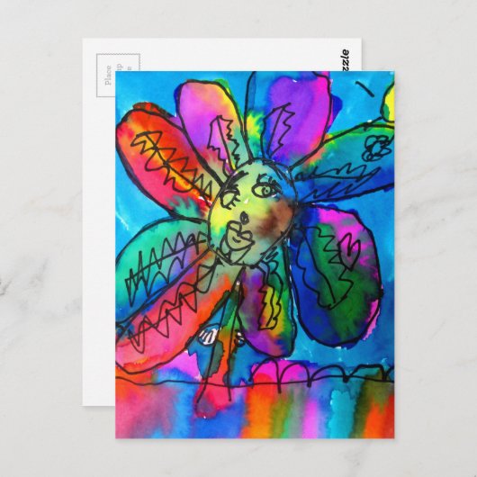 Vrolijk bloemige kind roze en blauwe pen en inkt briefkaart (Voorkant / Achterkant)