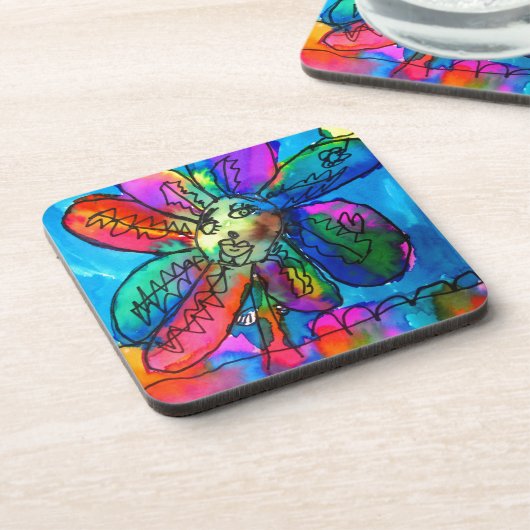 Vrolijk bloemige kind roze en blauwe pen en inkt drankjes onderzetter (Linkerzijde)