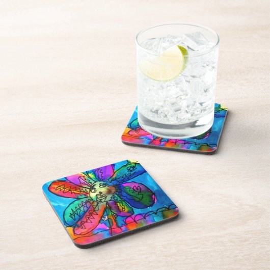 Vrolijk bloemige kind roze en blauwe pen en inkt drankjes onderzetter (Rechterzijde)