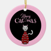 Vrolijk Cat-Mas Roze/Zwart Kerstmis Keramisch Ornament (Voorkant)