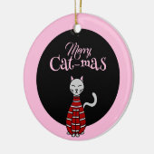 Vrolijk Cat-Mas Roze/Zwart Kerstmis Keramisch Ornament (Links)