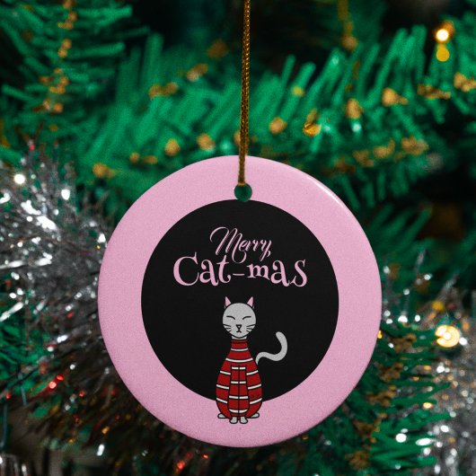Vrolijk Cat-Mas Roze/Zwart Kerstmis Keramisch Ornament