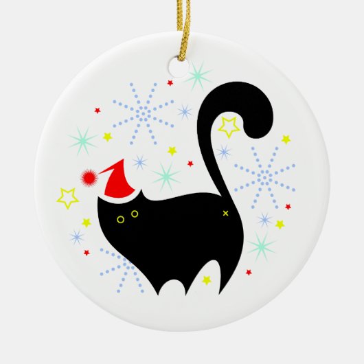 Vrolijk Catmas Feestelijk Zwart Kat Santa Hoed Ker Keramisch Ornament (Voorkant)