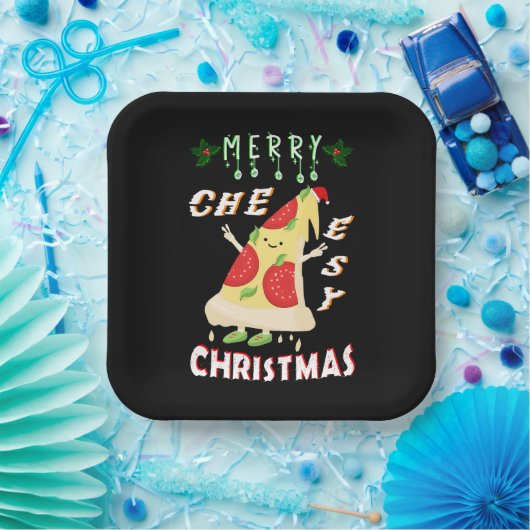 Vrolijk Cheesy Kerstmis Kerstmis Santa Pizza Kerst Papieren Bordje (Feest)