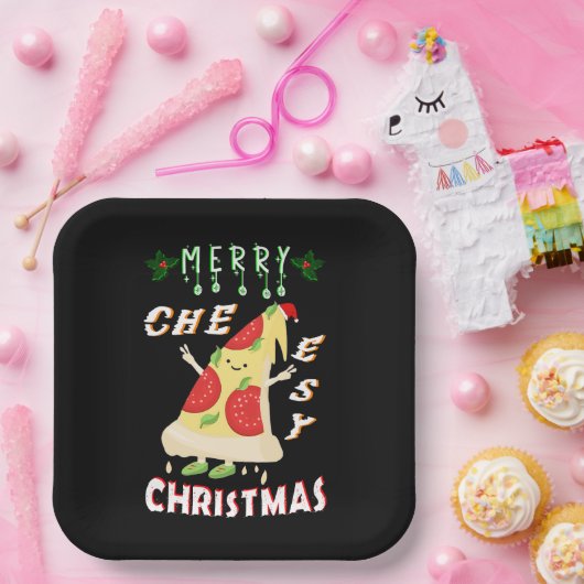Vrolijk Cheesy Kerstmis Kerstmis Santa Pizza Kerst Papieren Bordje (Feest)