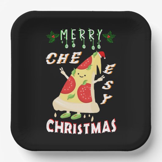 Vrolijk Cheesy Kerstmis Kerstmis Santa Pizza Kerst Papieren Bordje (Voorkant)