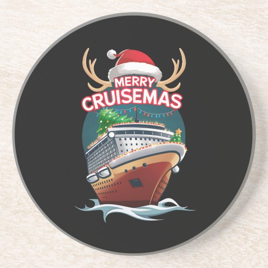 Vrolijk Cruisemas Cruiseschip Familie Kerstmis Gra Zandsteen Onderzetter (Voorkant)
