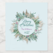 Vrolijk Datum Kerst Feestdagen Cottage Blauwgroen  Wijn Etiket (Enkel label)