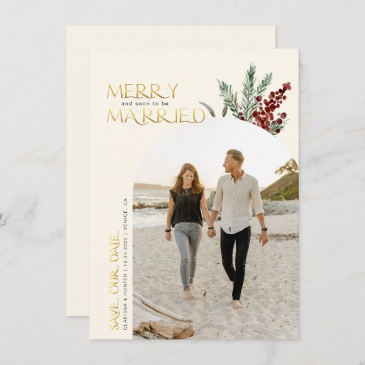 Vrolijk en binnenkort Ecru kleur getrouwd met Kers Save The Date (Voorkant / Achterkant)