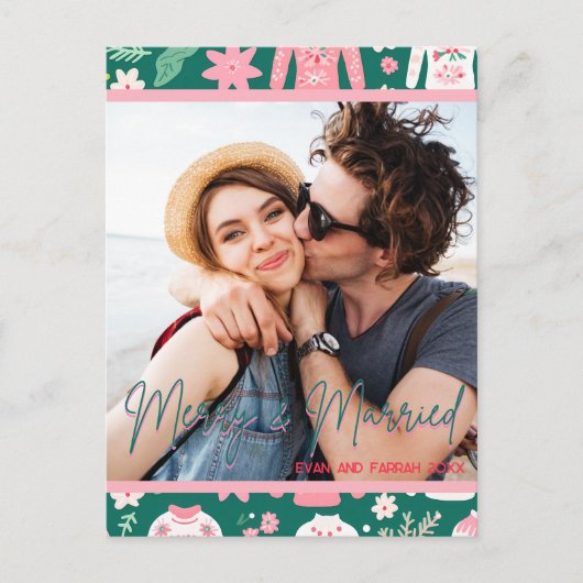 Vrolijk en gehuwd 1e jaar Getrouwd Kerstfoto Briefkaart (Voorkant)