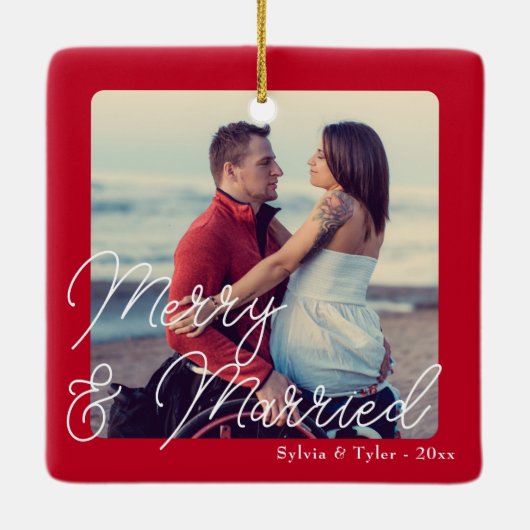 Vrolijk en getrouwd bruiloft Pas getrouwd Keramisch Ornament (Achterkant)