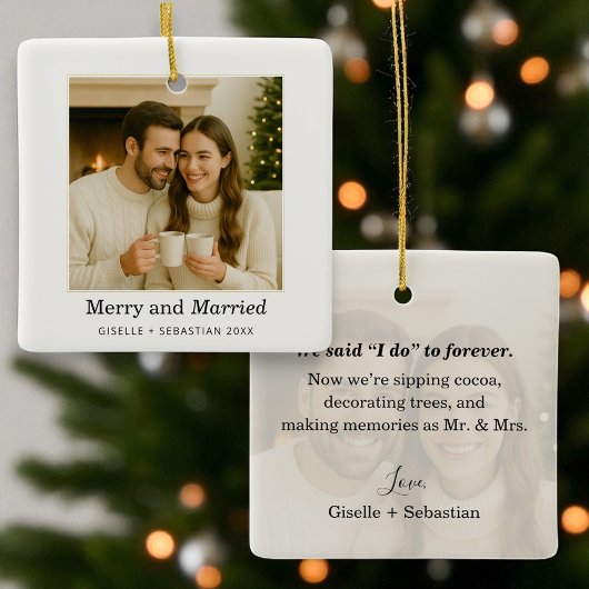 Vrolijk en getrouwd Eerste Kerstfoto Keepsake Keramisch Ornament
