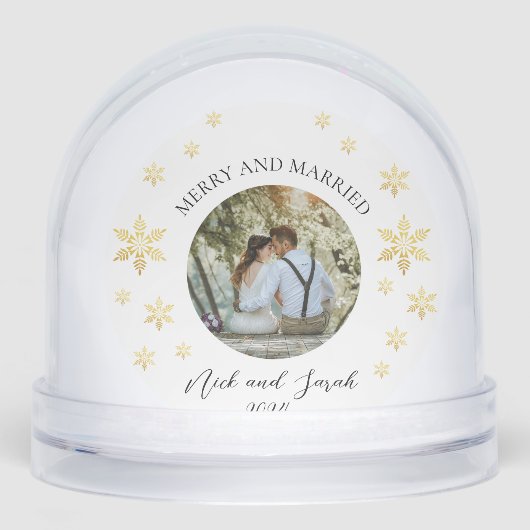 Vrolijk en getrouwd Foto Golden Snowflake Sneeuwbol (Voorkant)