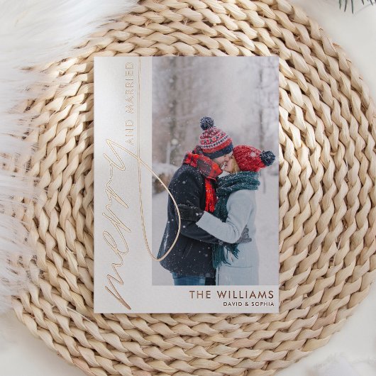 Vrolijk en getrouwd Foto Kerst Roos Goud Folie Feestdagenkaart