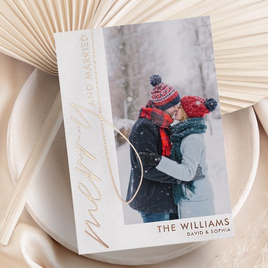 Vrolijk en getrouwd Foto Kerst Roos Goud Folie Feestdagenkaart