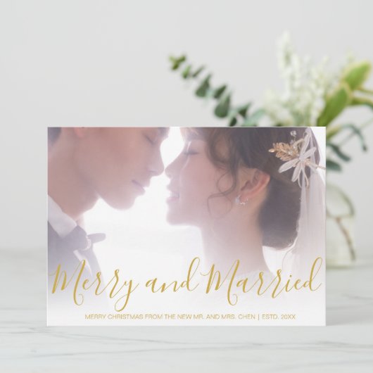 Vrolijk en getrouwd gouden Pas getrouwd Elegant Feestdagenkaart (Staand voorkant)