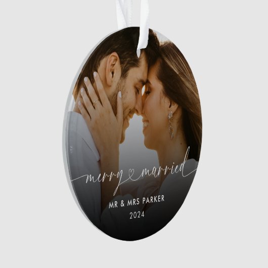 Vrolijk en getrouwd hart script kerst foto ornament (voorkant)