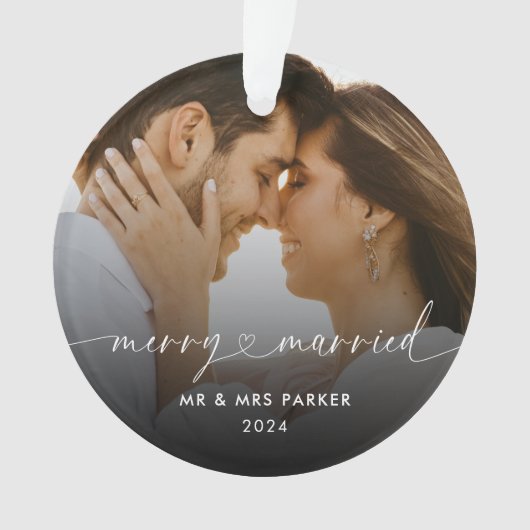 Vrolijk en getrouwd hart script kerst foto ornament (voorkant)